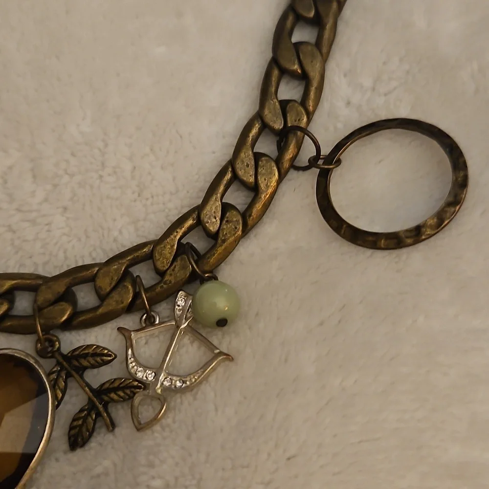 Vintage Bronze Heart Key Bird Leaves Charm Boho Chain Necklace